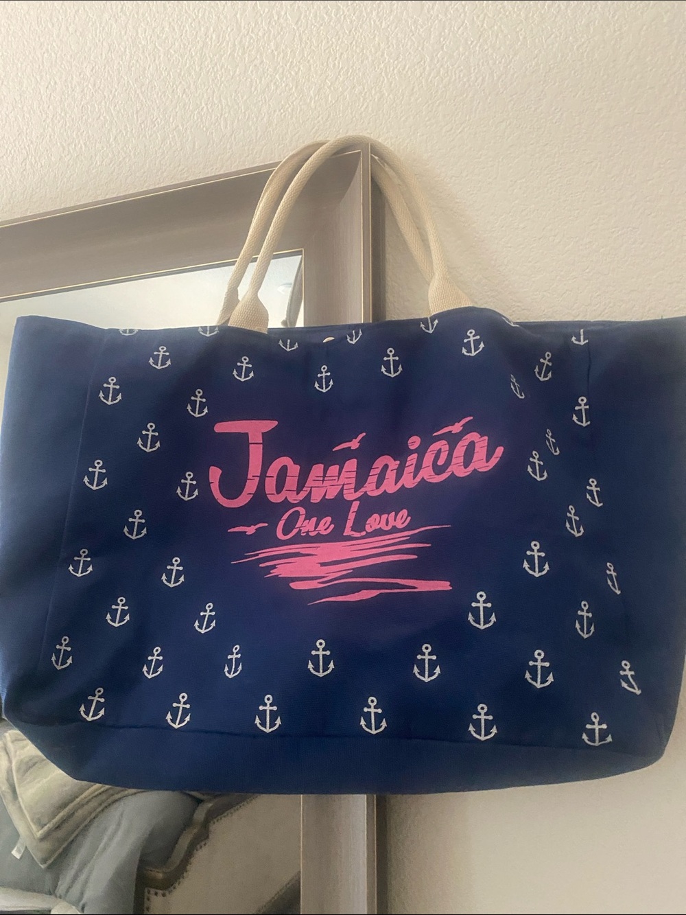 Navy Canvas Tote with Pink "Jamaica One Love" Script